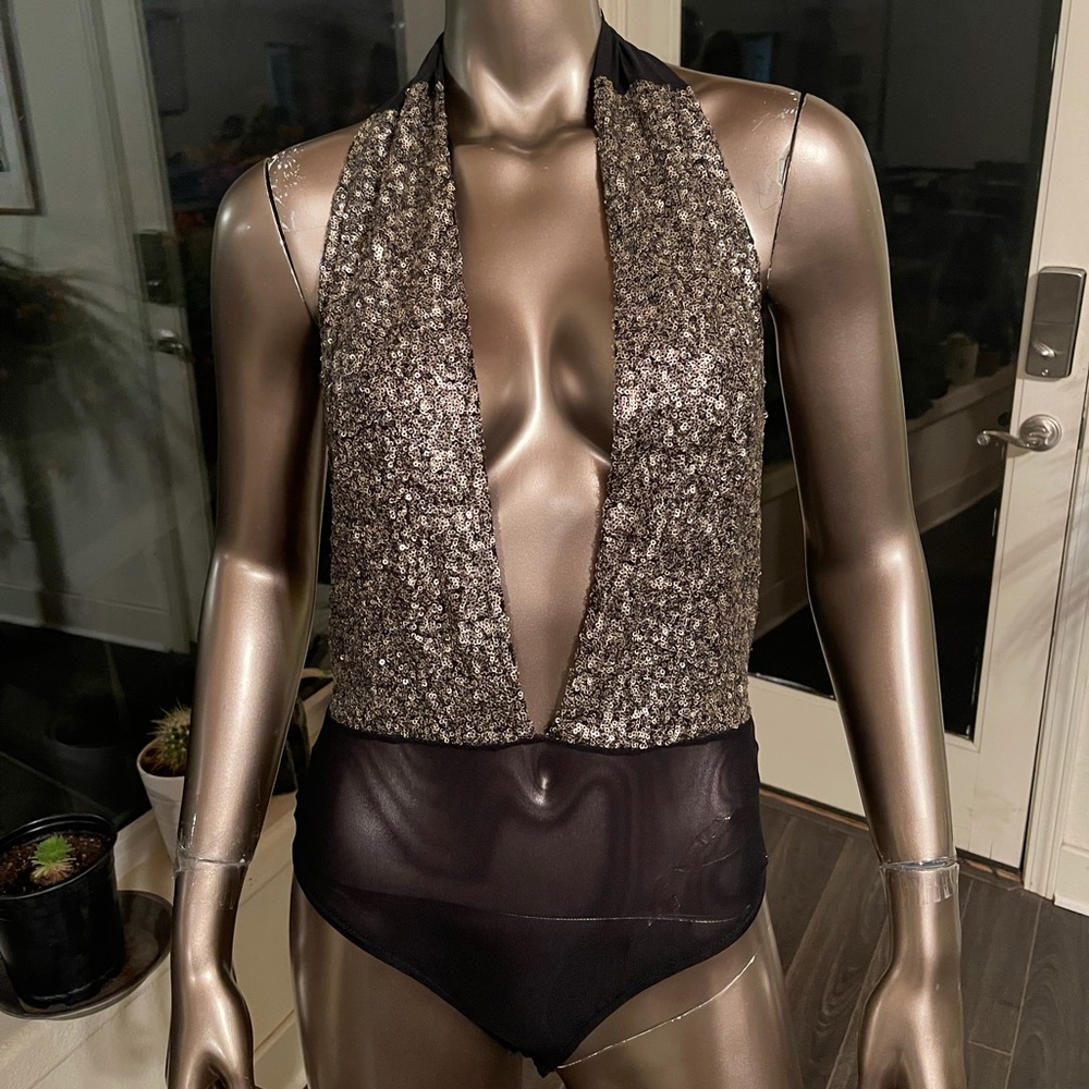 NWT Hot & Delicious Black and Gold Sequined Bodysuit